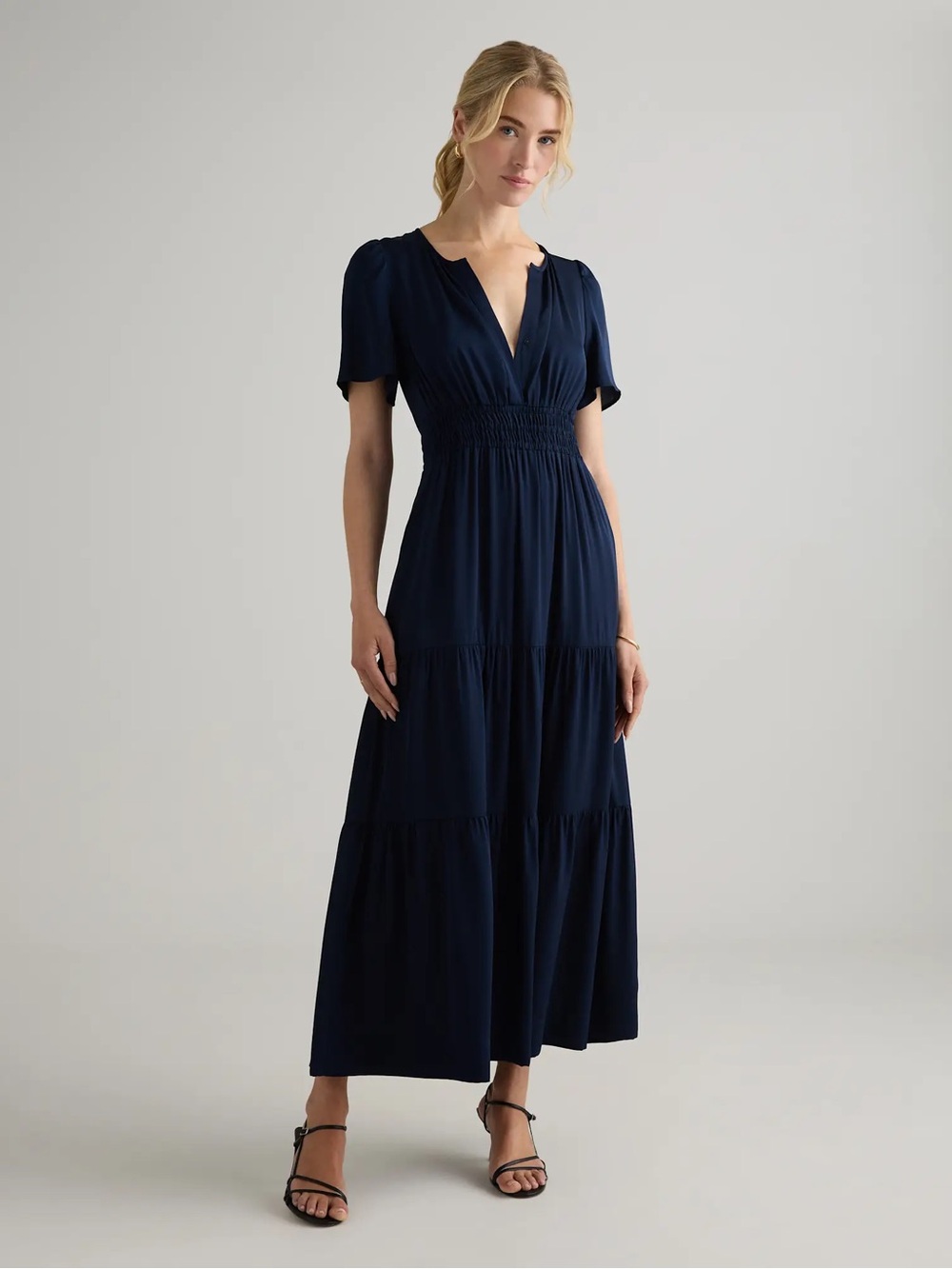 Quince Washable Stretch Silk Tiered Maxi Dress Navy Blue Medium NWT